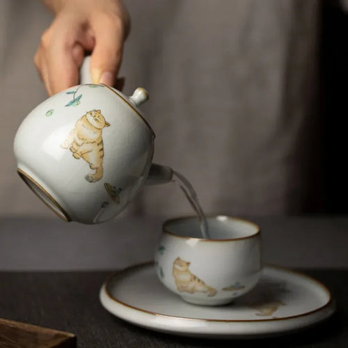 Théière ru kiln chat mignon poignée latérale céramique