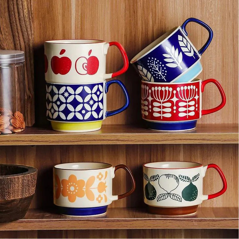 Ensemble tasses cafe ceramique motif floral japonais retro - vue 4 sur 7