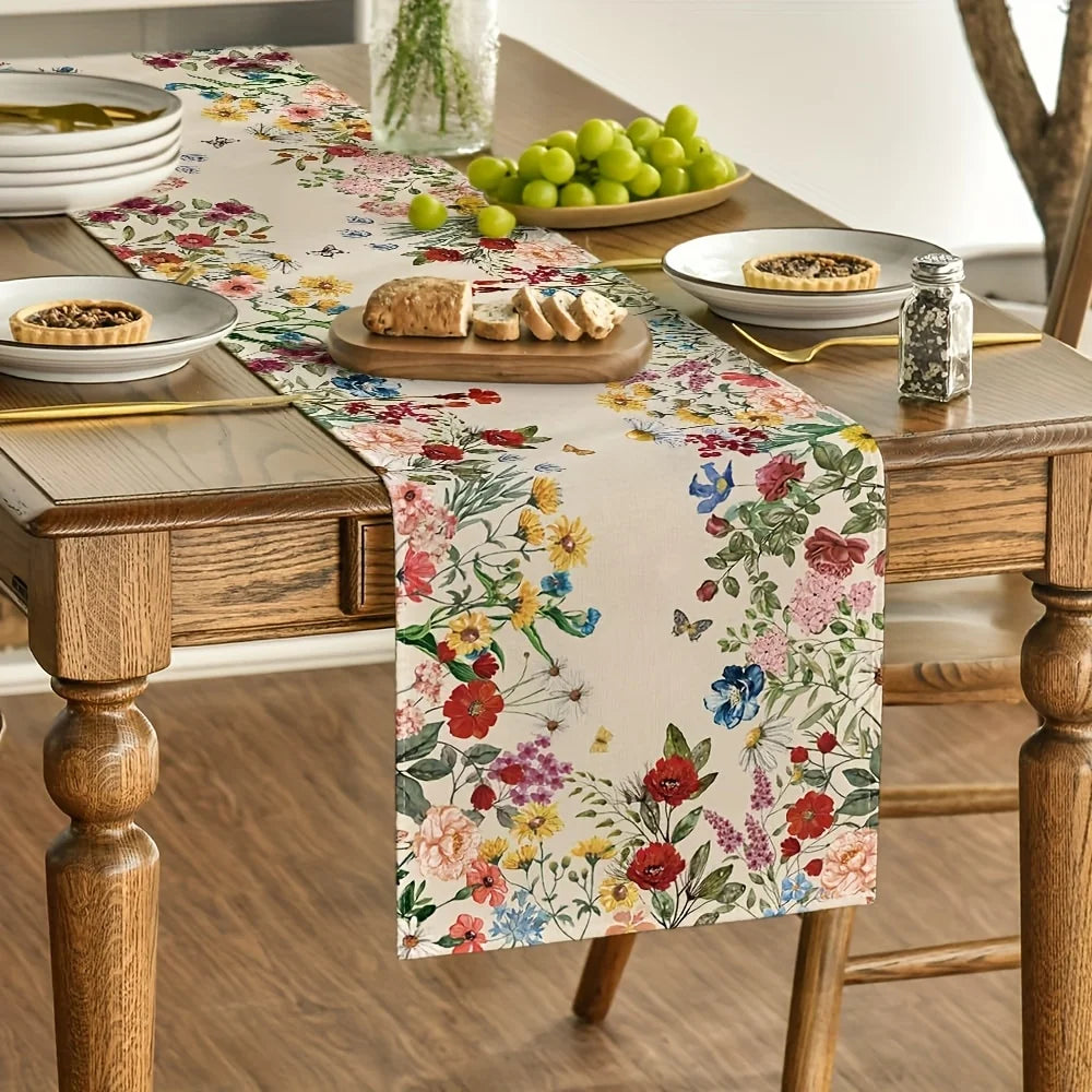 Chemin de table en lin motif fleurs papillons