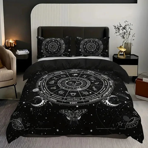 housse de couette bohème soleil lune motif floral noir blanc
