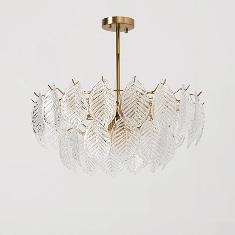 lustre moderne en verre suspendu avec décoration de feuilles