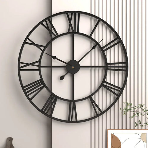 horloge murale moderne rétro en métal avec chiffres romains silencieuse