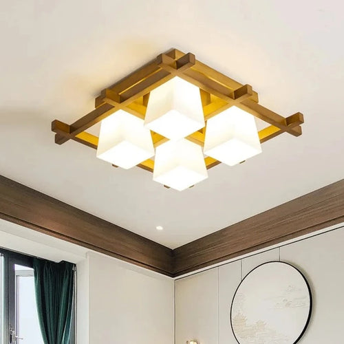 plafonnier led japonais avec abat-jour en verre et base en bois