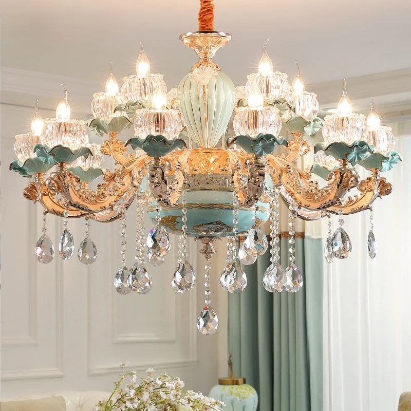 Lustre céramique à fleurs et cristal