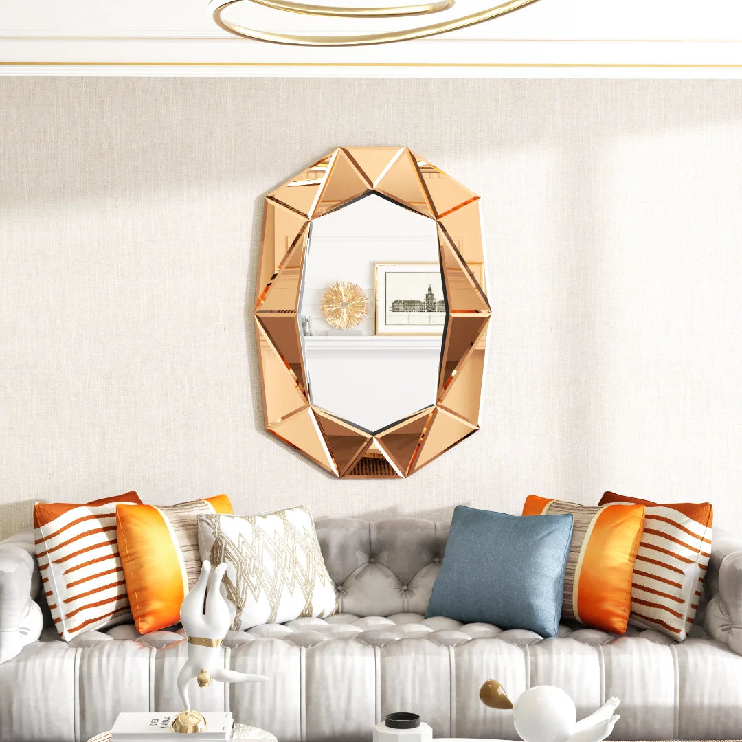 miroir mural décoratif asymétrique en verre argenté avec détails biseautés - vue 4 sur 9