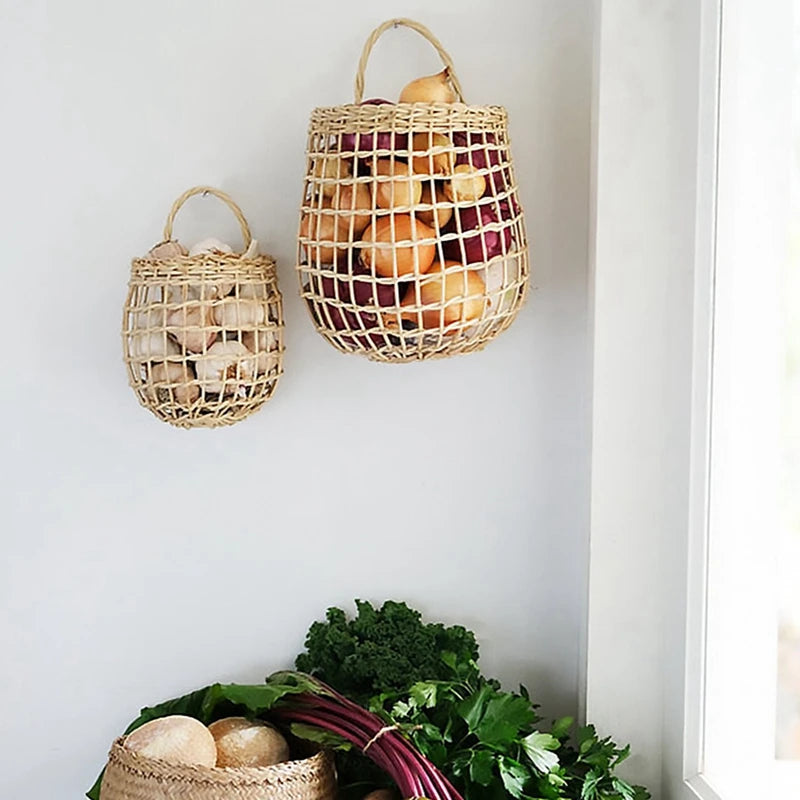 panier mural suspendu boho en osier pour fruits et légumes - vue 4 sur 6