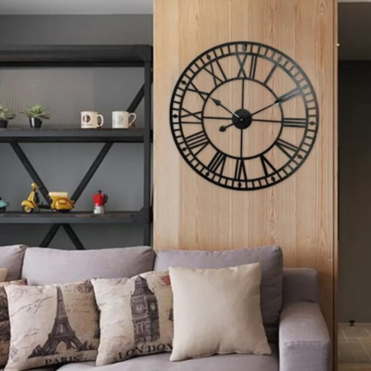 horloge murale moderne en fer noir chiffres romains décoration intérieure