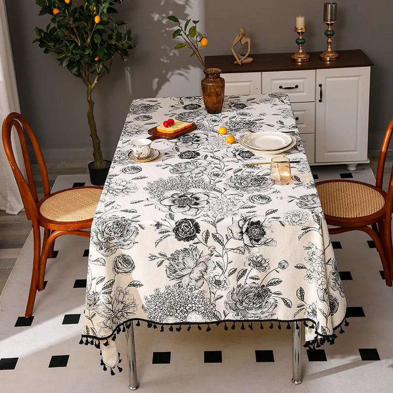 Nappe table motifs pivoines pompons style ins lavable