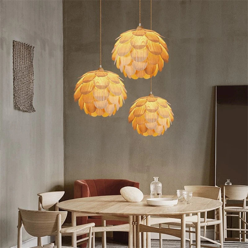 lustre créatif en bambou forme fruits de pin éclairage nordique led - vue 4 sur 10