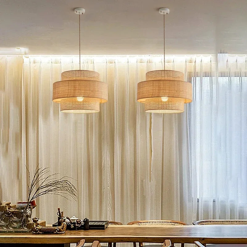 lustre à led wabi sabi en rotin pour décoration intérieure - vue 4 sur 10