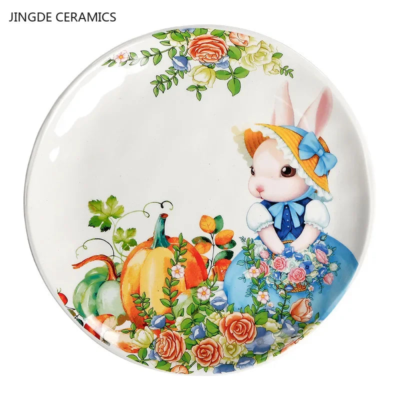Assiette ceramique motif citrouille et lapin style jardin