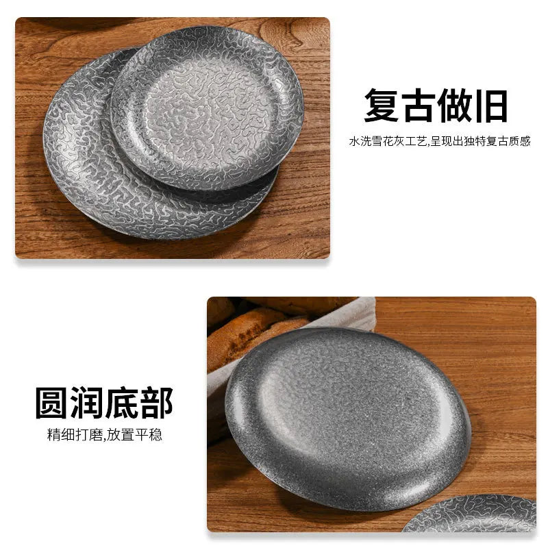 Assiettes rondes acier inoxydable martelé style rétro service - vue 5 sur 11