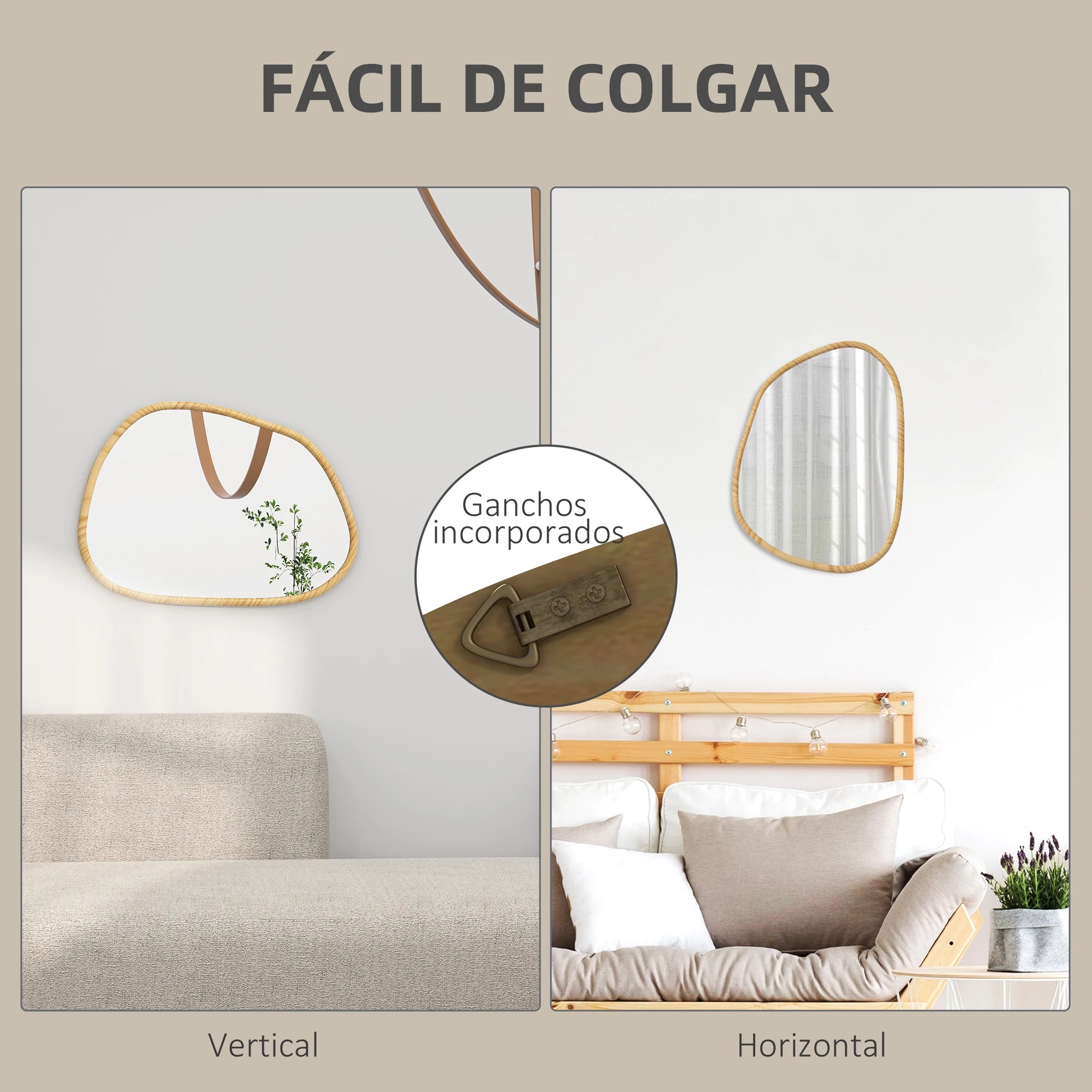 miroir mural homcom forme irrégulière avec cadre en bois naturel - vue 7 sur 7