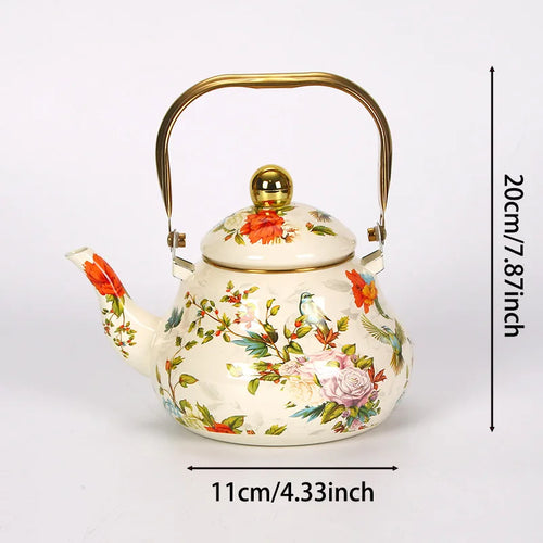 Bouilloire émail vintage motif floral poignée dorée 15l