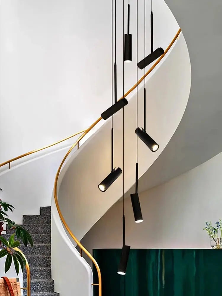 Led cylindrique spot suspension design moderne Restaurant éclairage noir blanc minimaliste escalier Long lustre - vue 5 sur 14