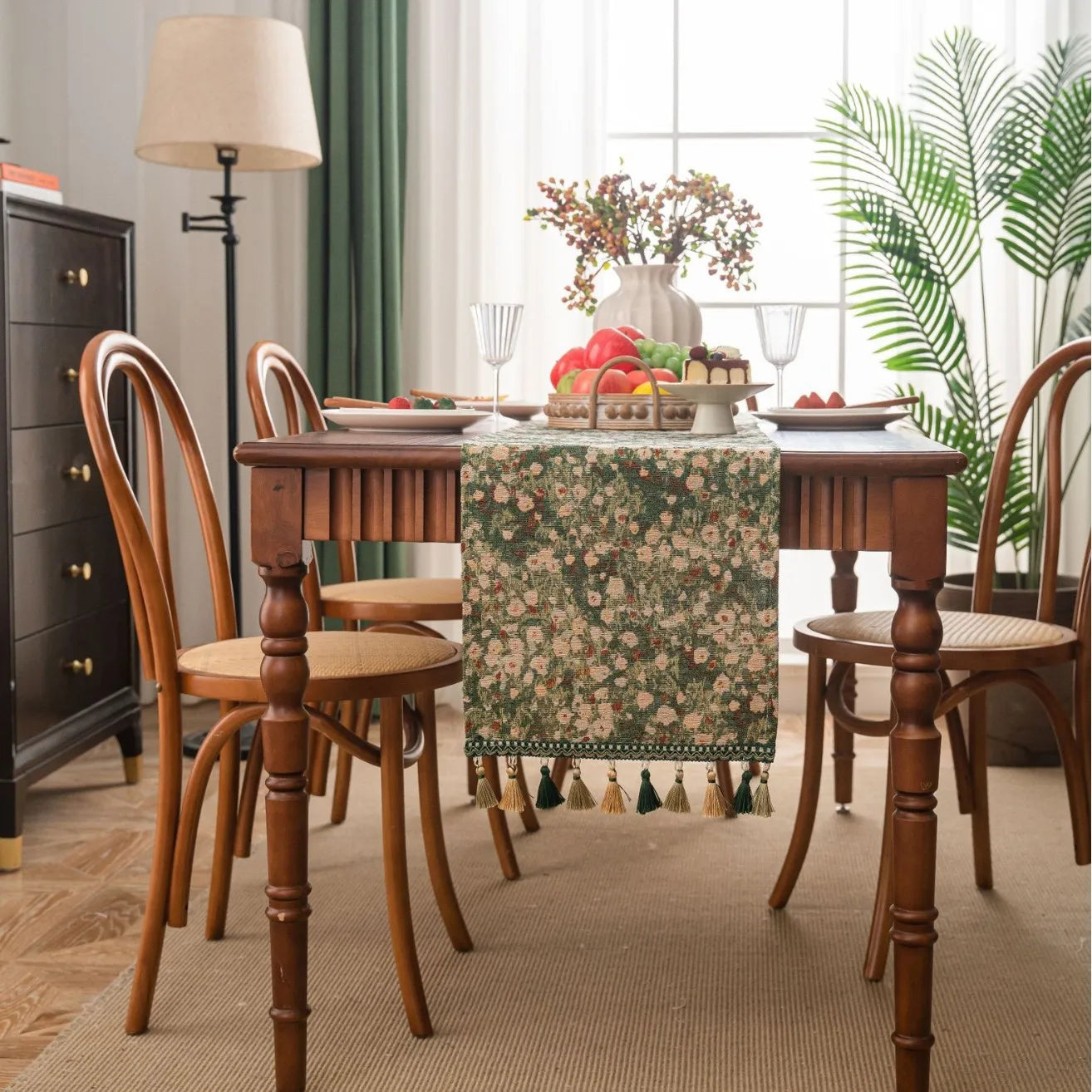 Chemin de table jacquard vert floral style campagne - vue 4 sur 6