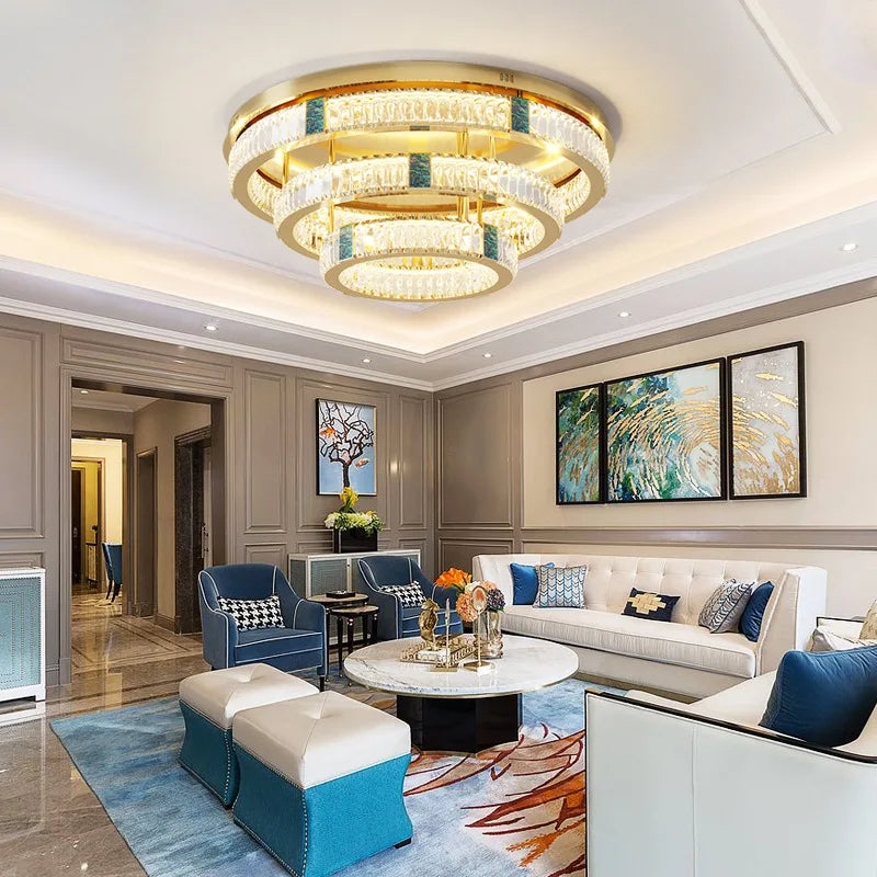 lustre moderne en cristal rond à trois couches led - vue 4 sur 15