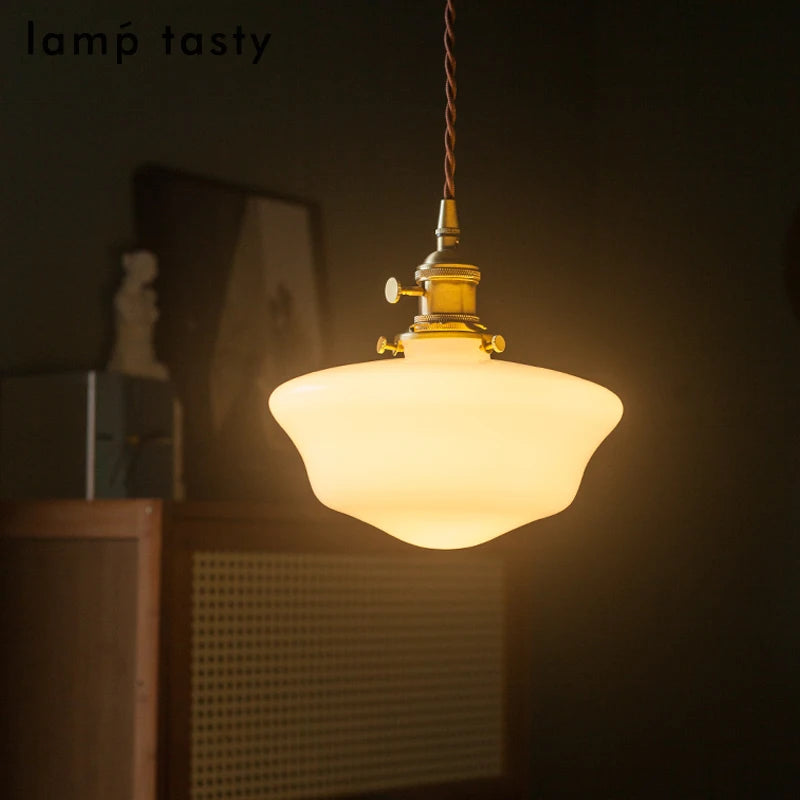 Suspension nordique moderne douille en cuivre abat-jour en verre blanc chambre salon suspension LED luminaires - vue 4 sur 30