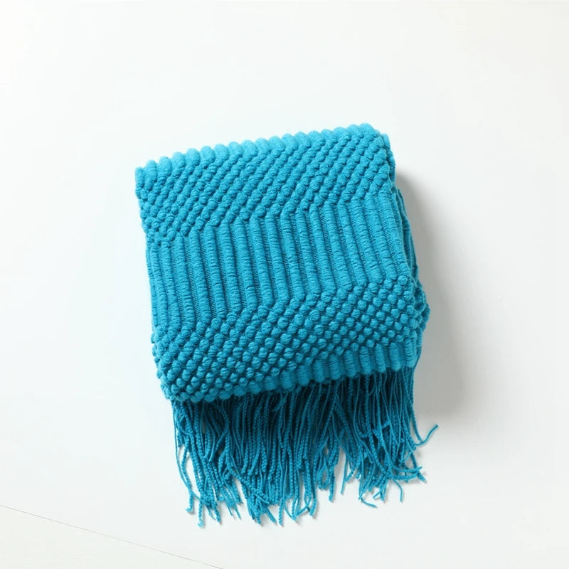 plaid tricot doux à pompons style carreaux décoratif