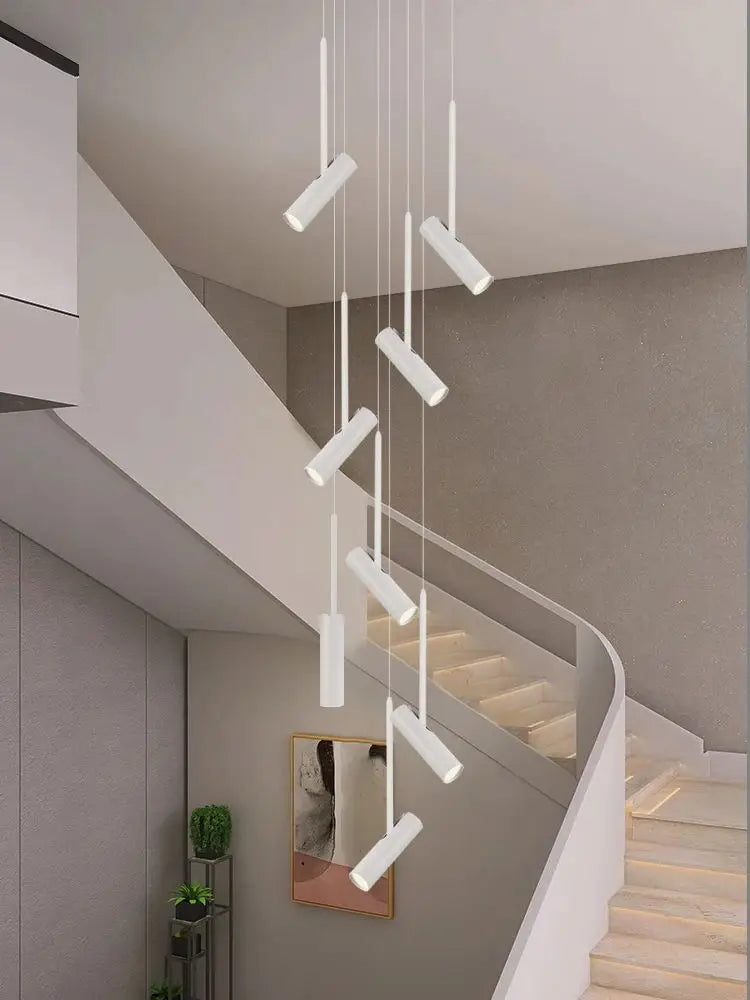 Led cylindrique spot suspension design moderne Restaurant éclairage noir blanc minimaliste escalier Long lustre - vue 4 sur 14