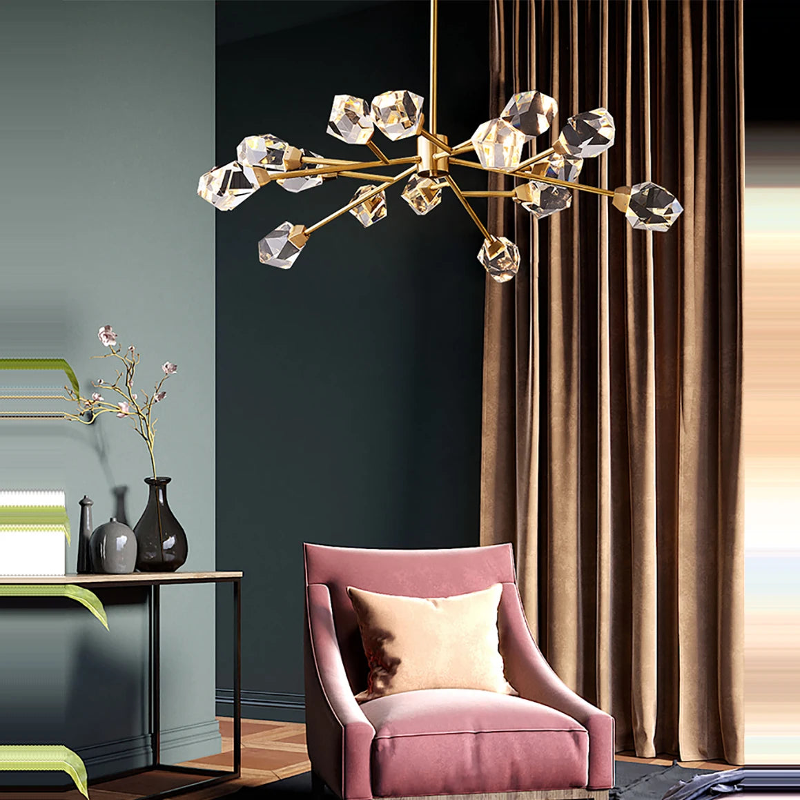 lustre moderne en laiton diamant cristal led de luxe - vue 3 sur 18
