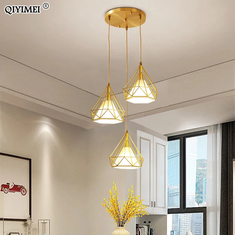 lampe suspendue style nordique triangle en métal 1/3 têtes abajur