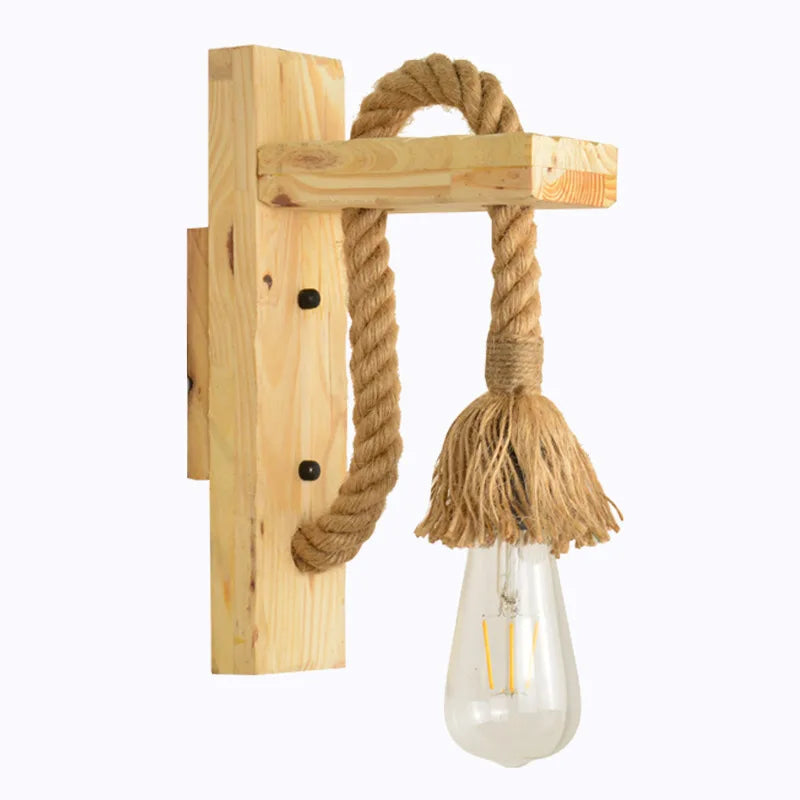 applique murale led vintage en bois métal et corde de chanvre