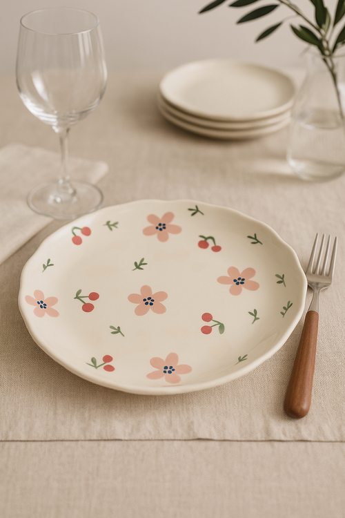 Assiette a gateau ceramique style coreen floral irregulier