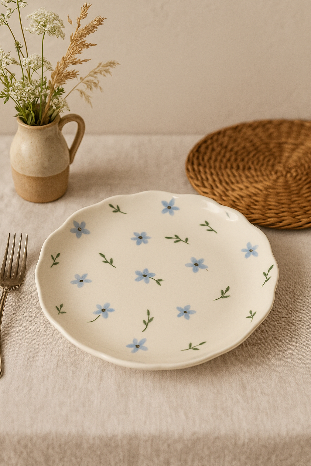 Assiette ceramique artisanale style coreen motif floral irregulier - vue 3 sur 3
