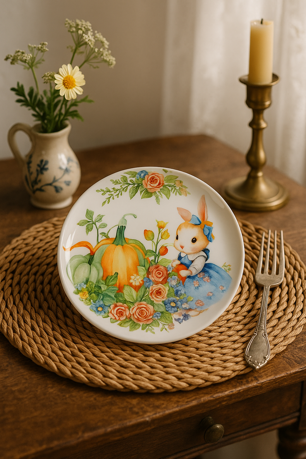 Assiette ceramique motif citrouille et lapin style jardin - vue 3 sur 3