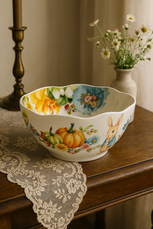 Assiette ceramique motif citrouille lapin style jardin