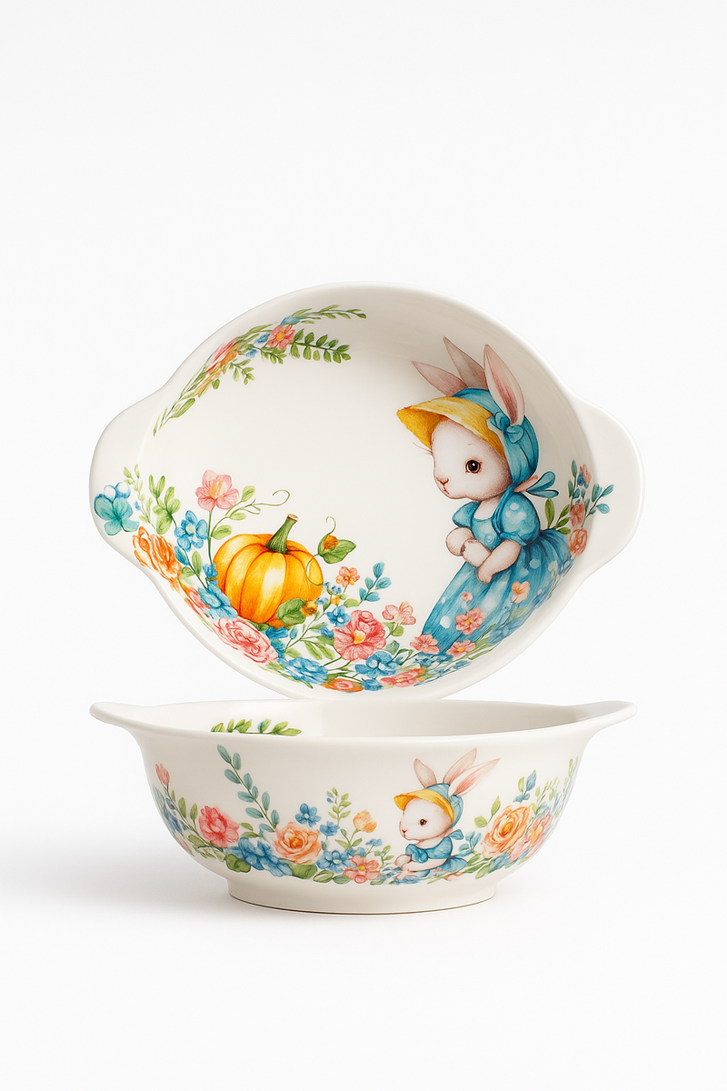 Assiette céramique motif citrouille lapin style jardin mignon
