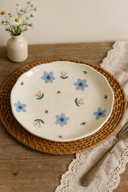 Assiette gateau ceramique artisanale style coreen motif floral