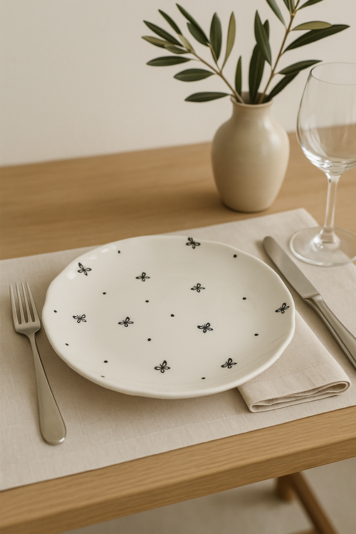 Assiette gateau ceramique style coreen motif floral irregulier