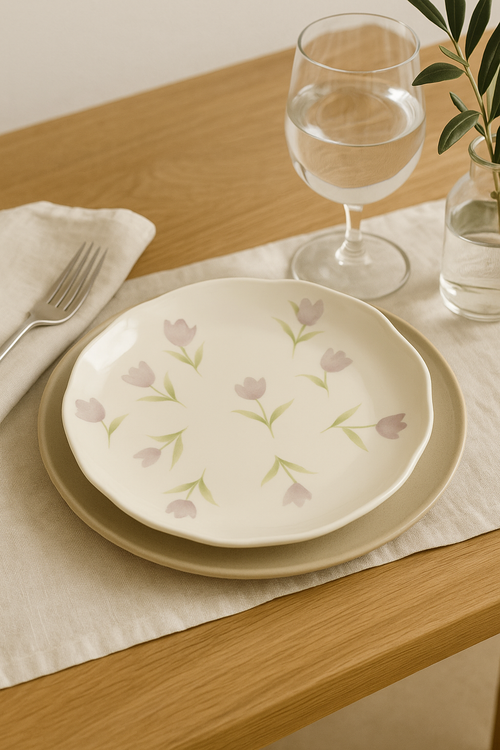 Assiette gâteau céramique style coréen motif floral irrégulier