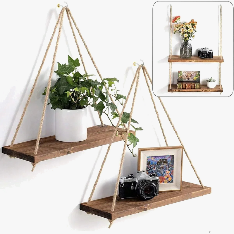 balançoire en bois suspendue étagère flottante pour plantes et décoration