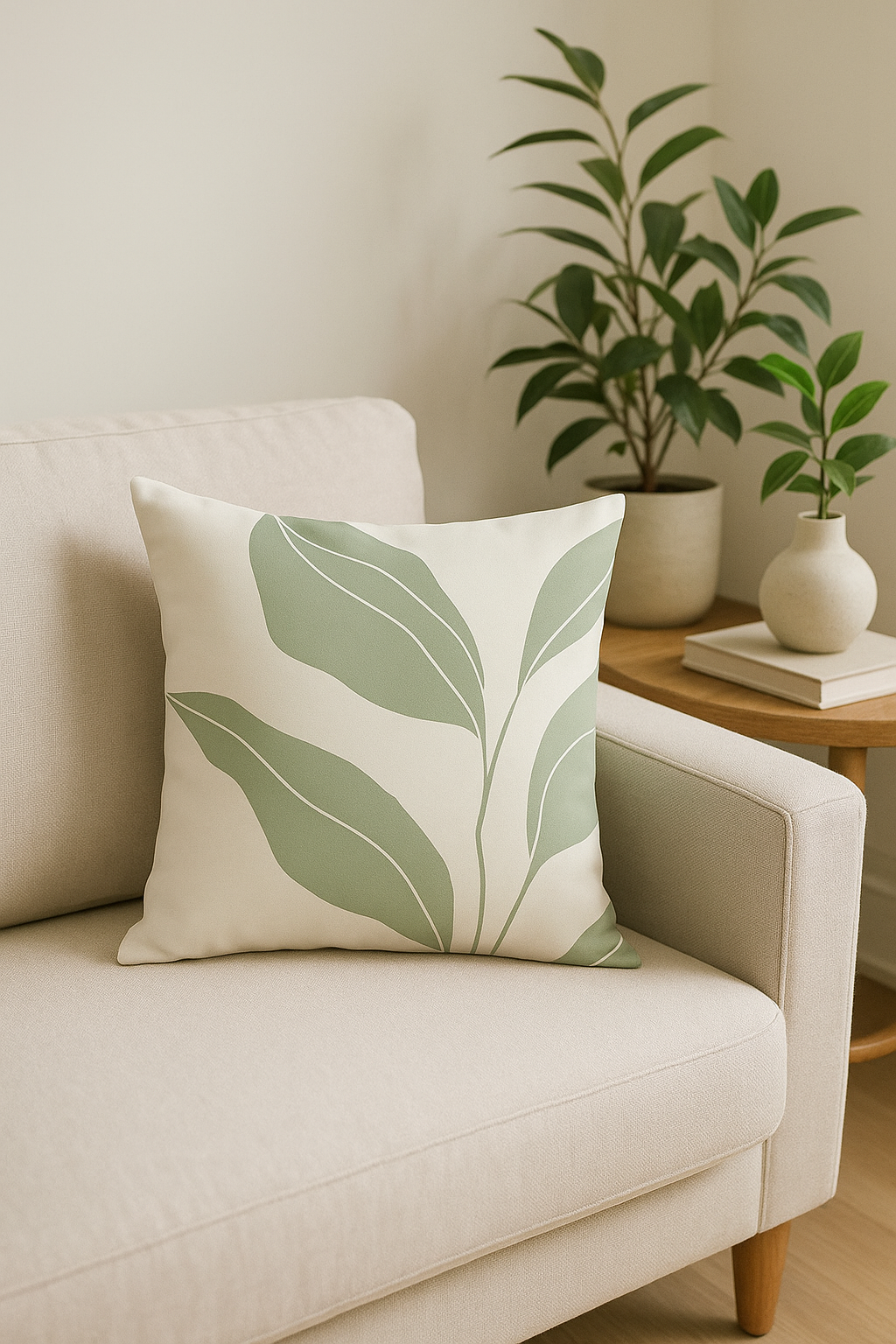 coussin à motif végétal vert pour un décor naturel et confortable