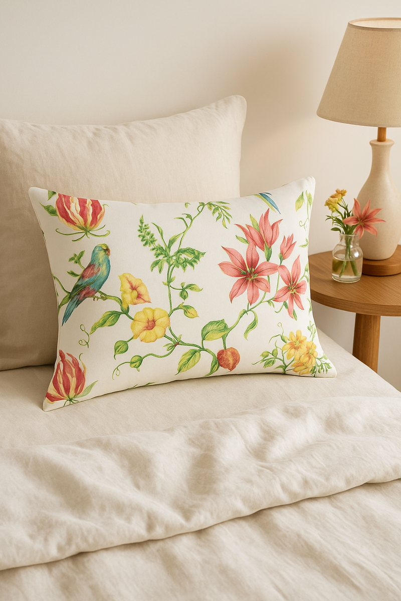 housse de coussin décorative motif arc-en-ciel fleurs rouges roses