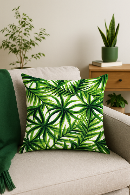 housse de coussin décorative motif cactus et plantes tropicales