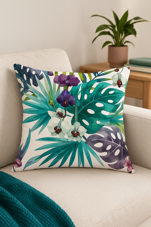 housse de coussin décorative motif cactus et plantes tropicales