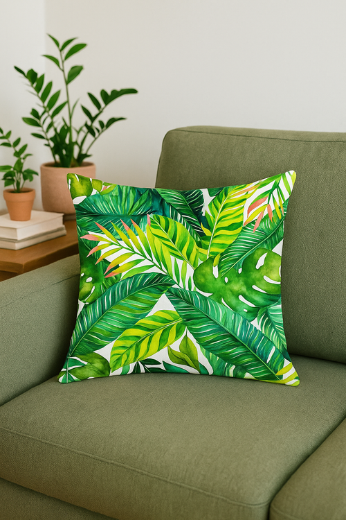 housse de coussin décorative motif cactus et plantes tropicales