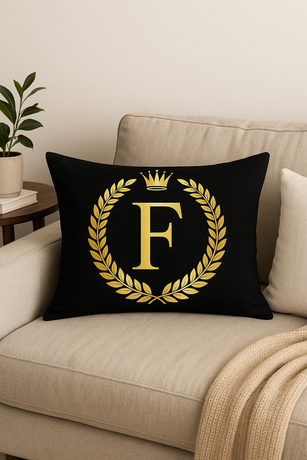 housse de coussin décorative motif lettres noires dorées
