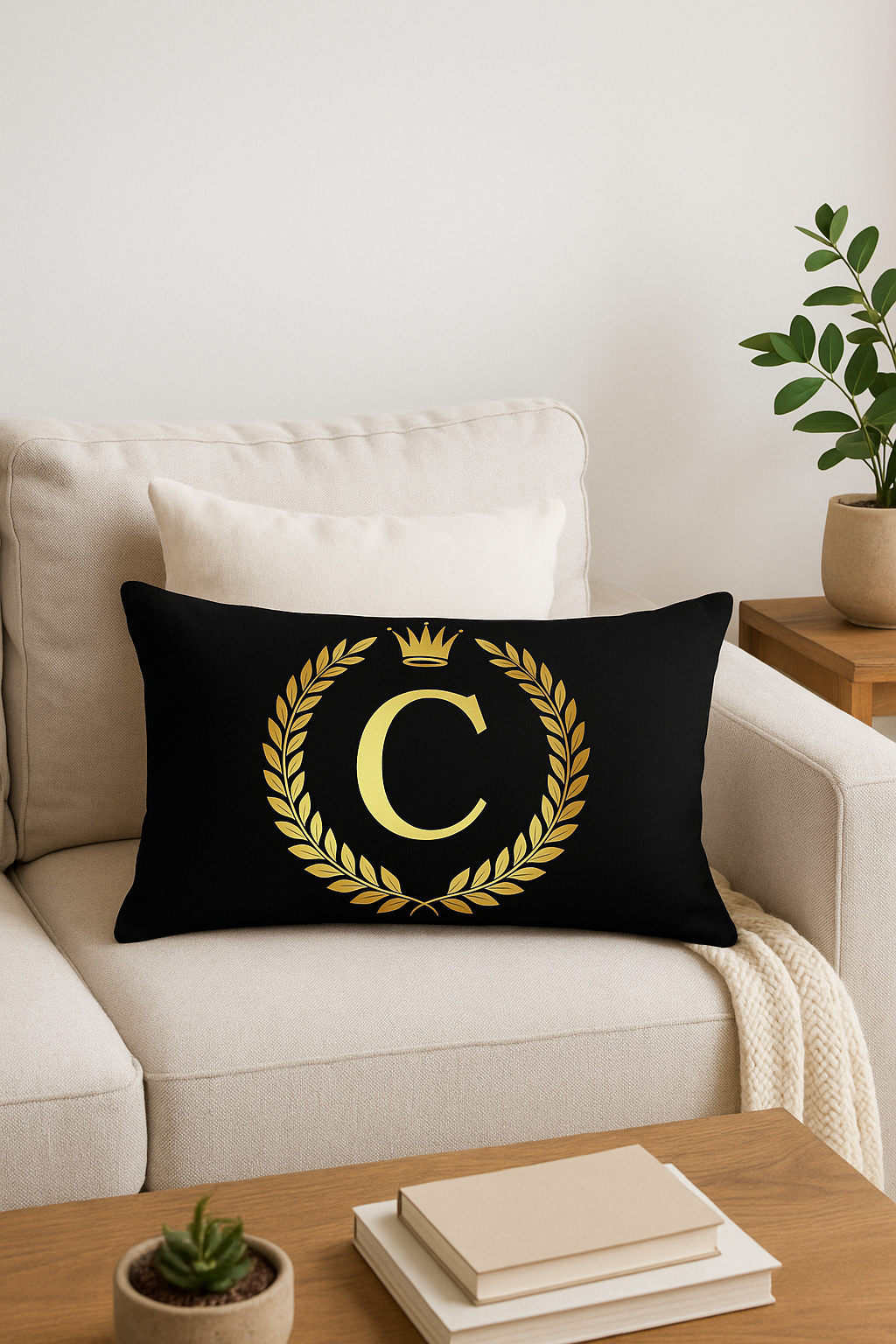 housse de coussin décorative motif lettres noires dorées