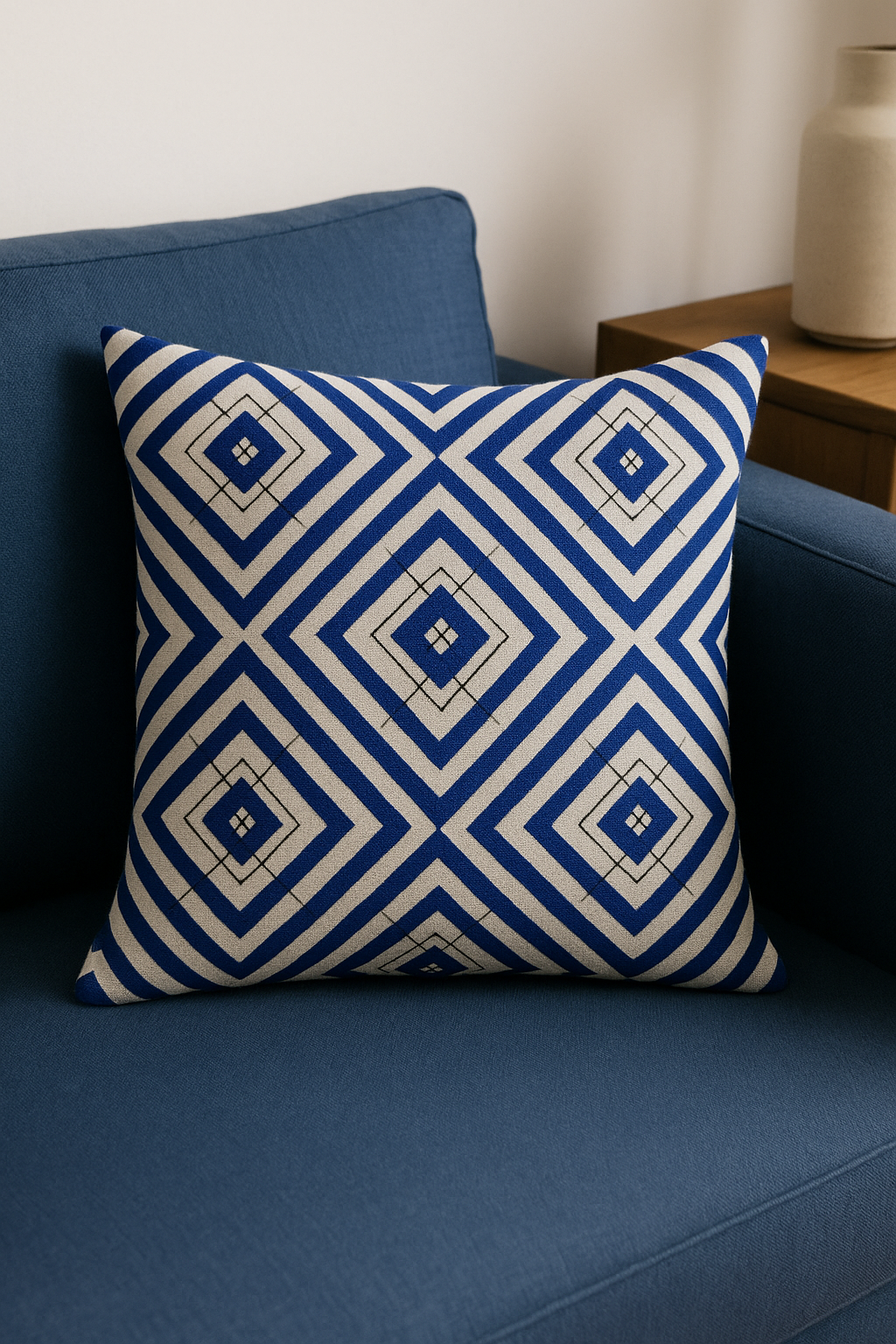 housse de coussin géométrique bleu foncé pour décoration intérieure