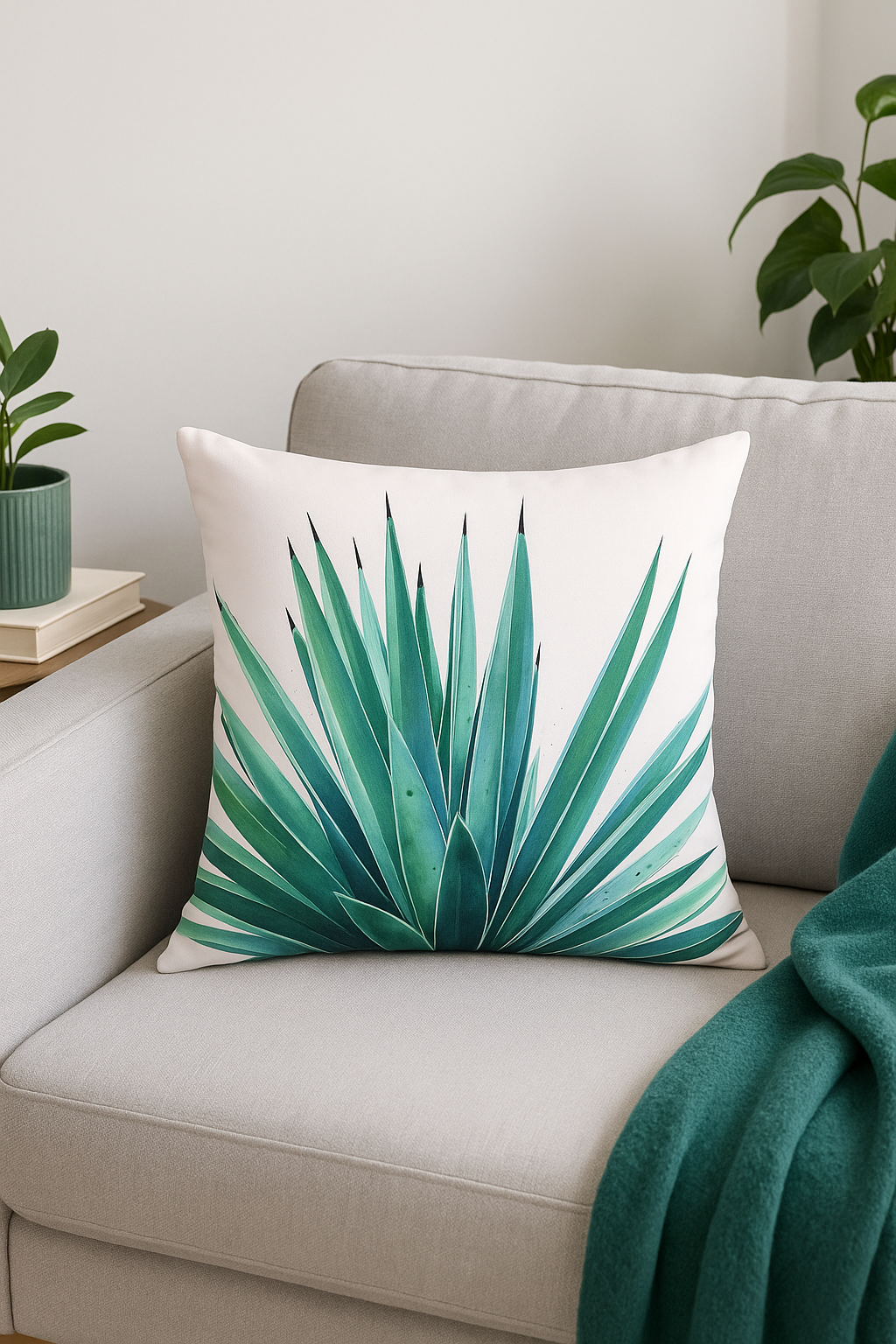 housse de coussin motif cactus et plantes tropicales vertes