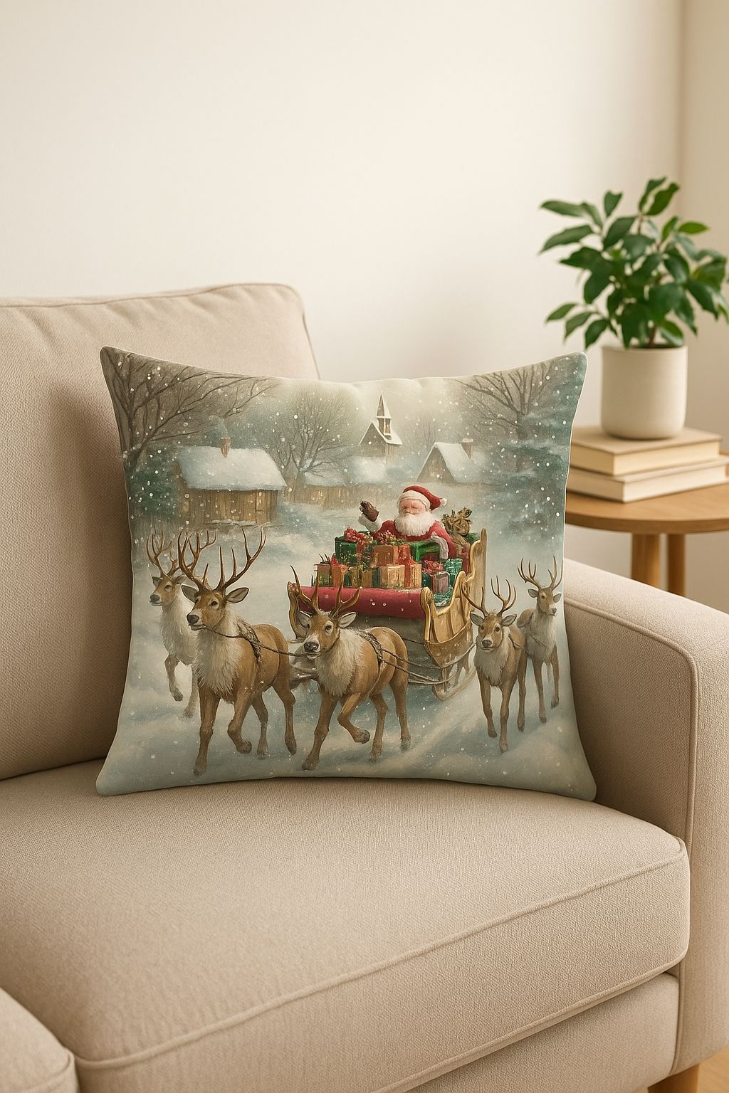 housse de coussin motif père noël et chalet enneigé