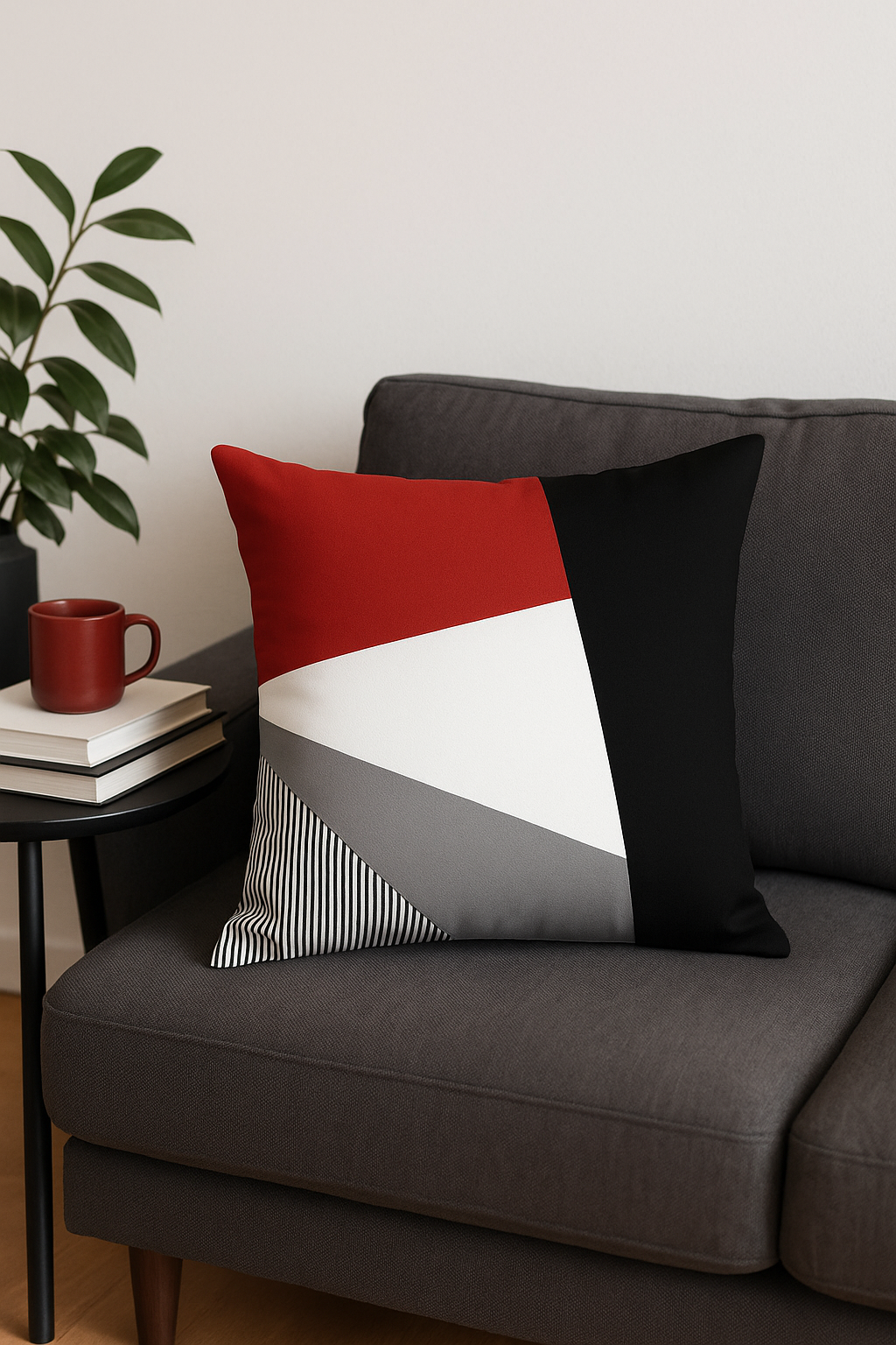 housse de coussin noire et rouge motif géométrique moderne
