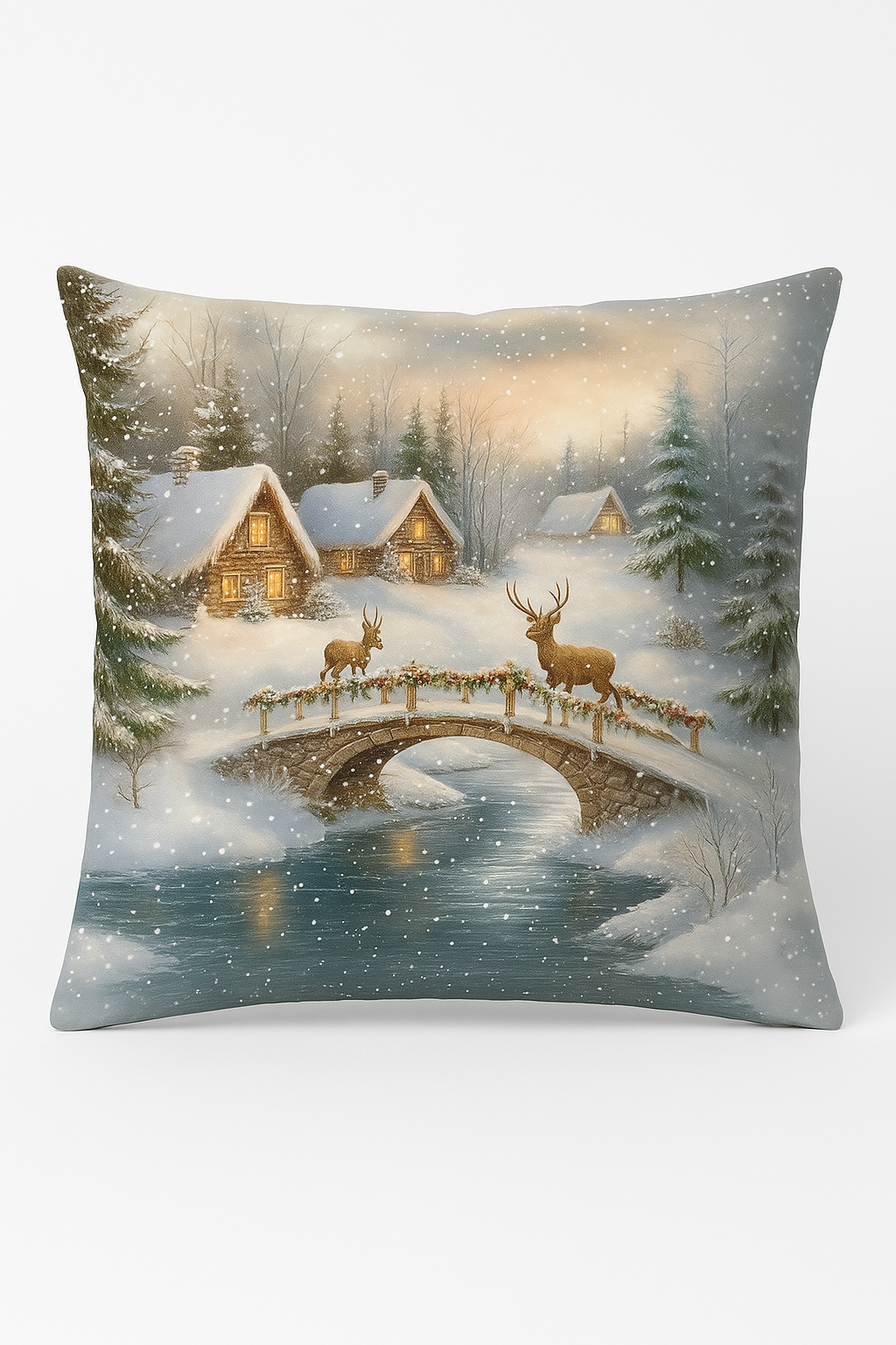 housse de coussin père noël et chalet en hiver
