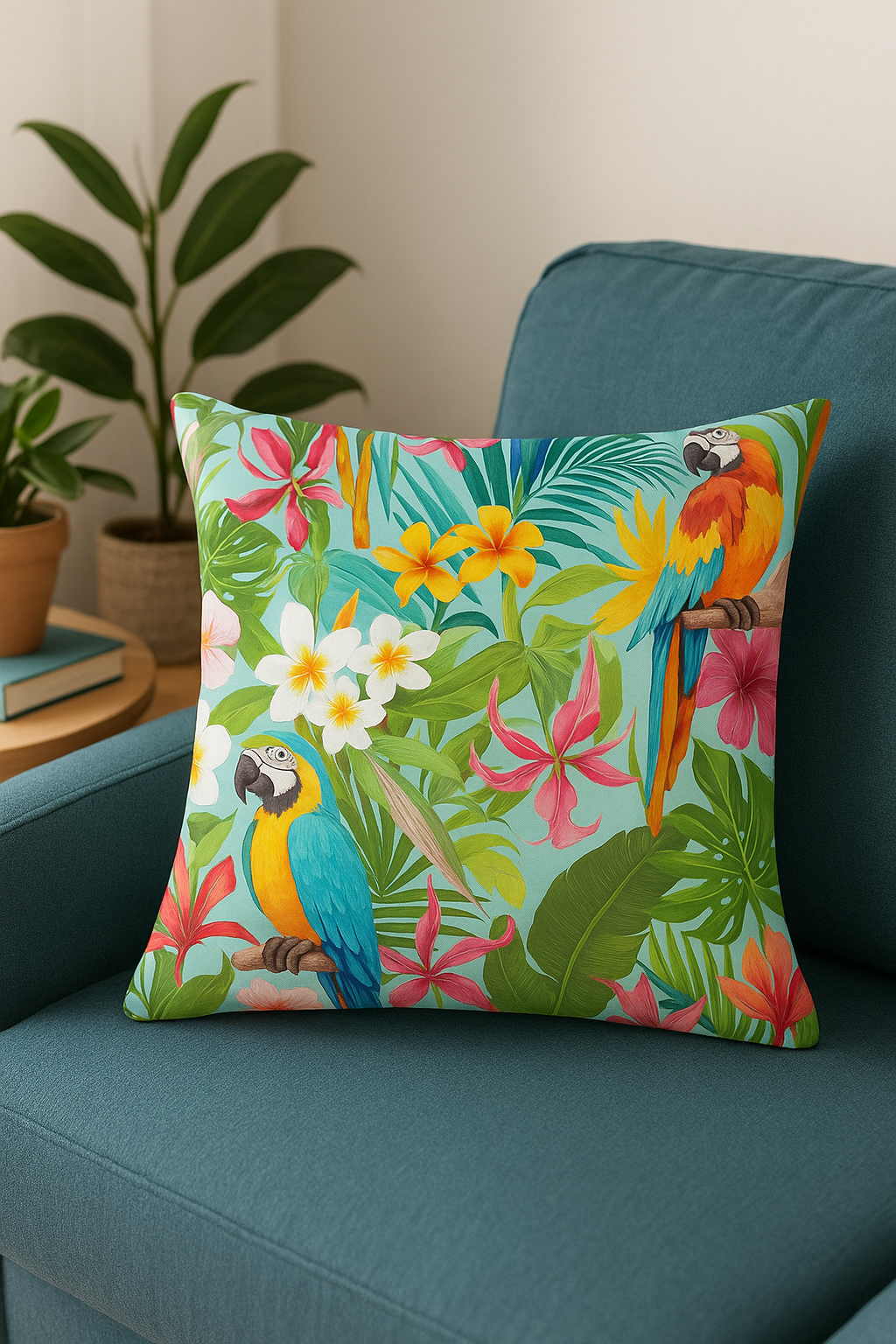housse de coussin tropical avec motif perroquet coloré