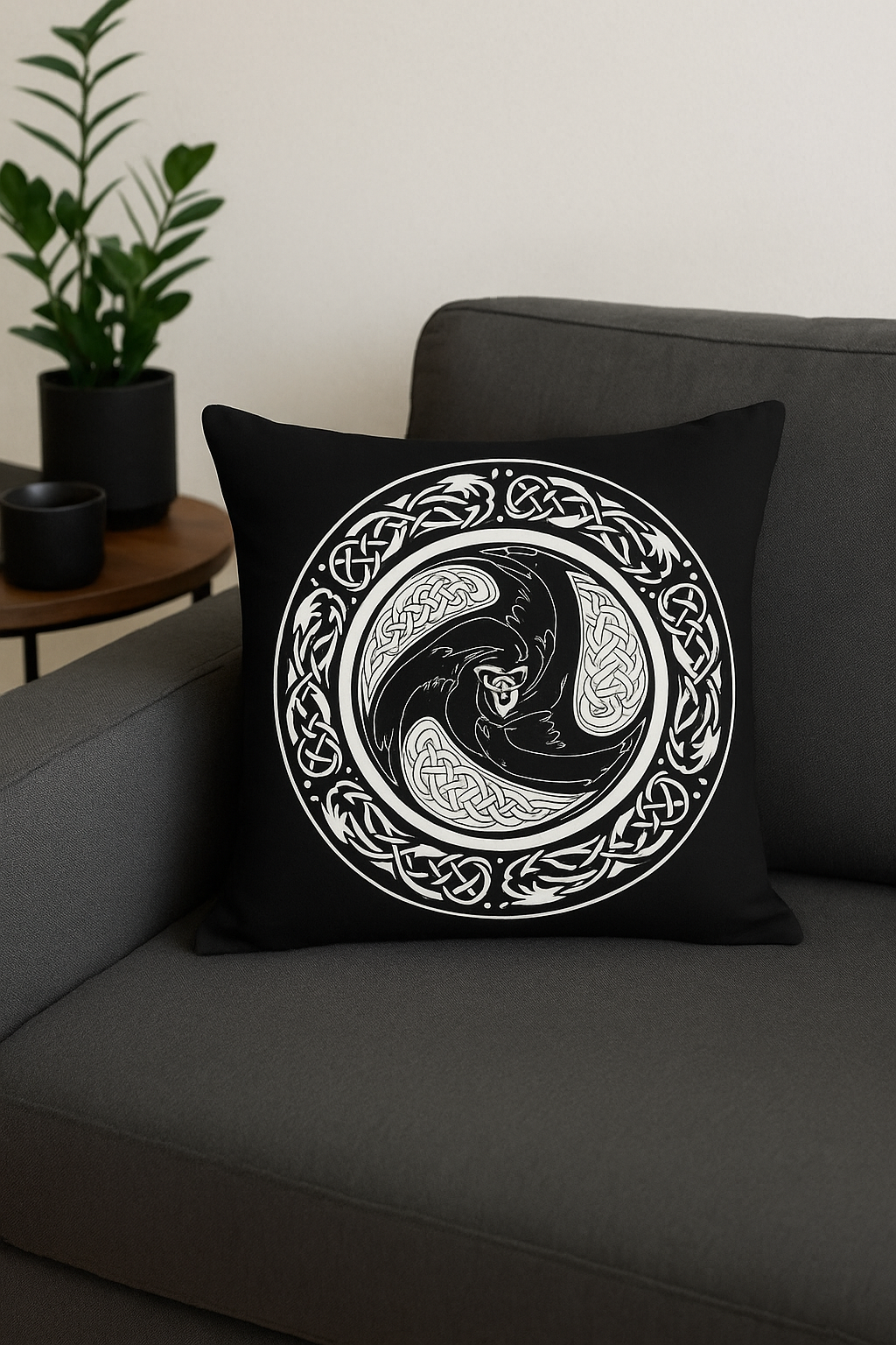 housse de coussin viking amulet motif géométrique noir et blanc